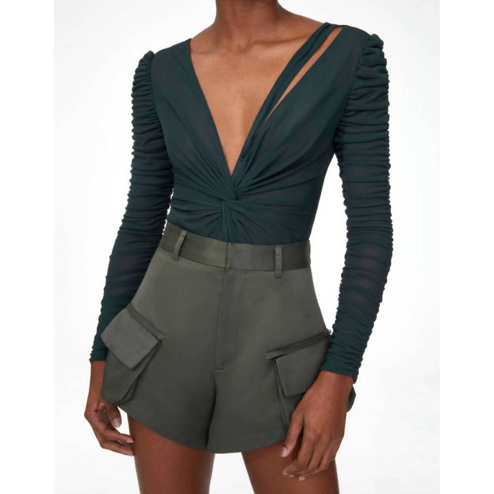 NEW DEITY satin mini cargo shorts in khaki green